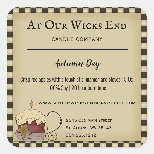 Rustikale, primitive Ländermarken für Kerzen Quadratischer Aufkleber (Vorderseite)