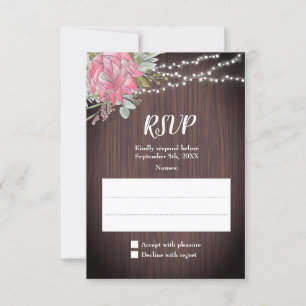 Rustikale Protea Eukalyptus Lights Wood Wedding RSVP Karte