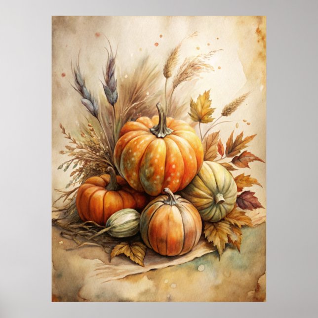 Rustikale Pumpkin & Autumn Leaves Boho Fall Mauer Poster (Vorne)