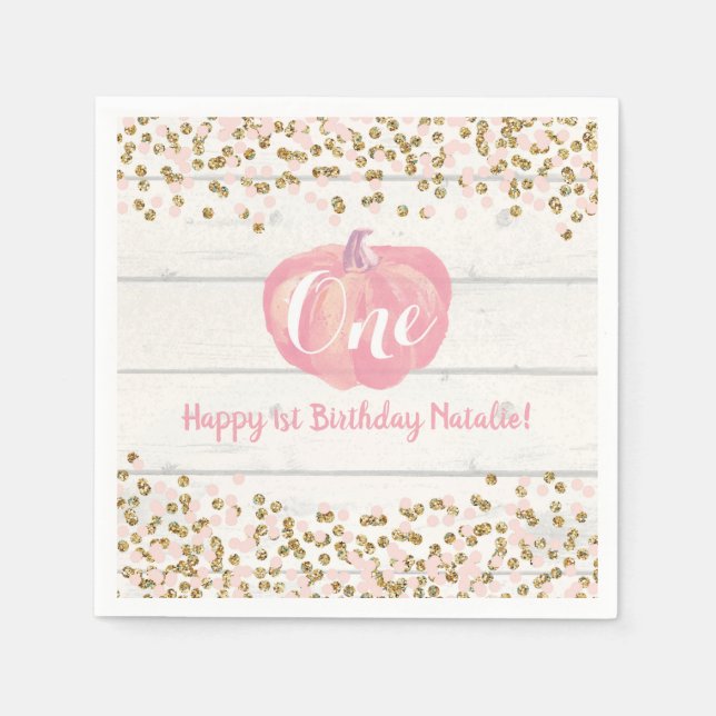 Rustikale Pumpkin Fall Erste Geburtstagsparty Pink Serviette (Vorderseite)