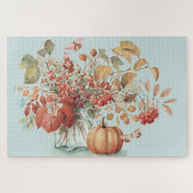 Rustikale Pumpkin Fall Foliage Bouquet Wasserfarbe Puzzle (Horizontal)