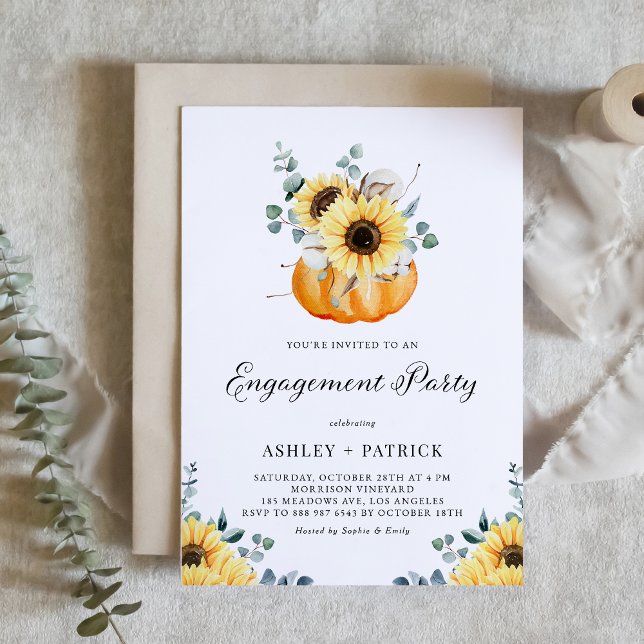 Rustikale Pumpkin und Sunflower Fall Engagement Pa Einladung (Customizable fall engagement party invitation featuring watercolor pumpkin, sunflowers and greenery.)