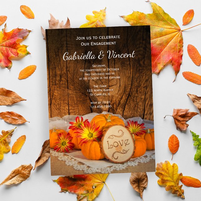Rustikale Pumpkins Fall Verlobung Stall Party Einladung (Celebrate your Autumn Engagement with the charming Rustic Pumpkins Fall Party Invitation.)