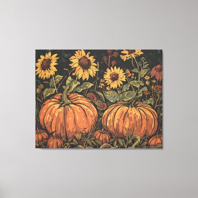 Rustikale Pumpkins und Sonnenblumen - Herbstkunstd Leinwanddruck (Vorderseite)