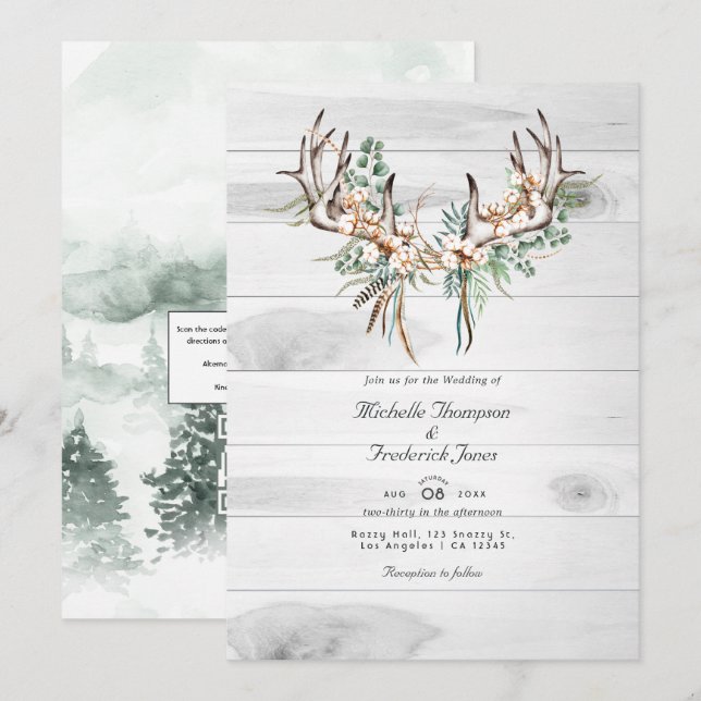 Rustikale QR-Code-RSVP-Boho-Hochzeit Einladung (Vorne/Hinten)
