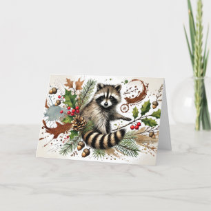 Rustikale Raccoon Pine Cones Holly Berries Acorns Feiertagskarte
