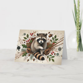 Rustikale Raccoon Pine Cones Holly Berries Acorns Feiertagskarte