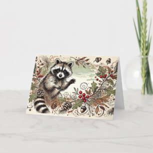 Rustikale Raccoon Pine Cones Holly Berries Acorns  Feiertagskarte