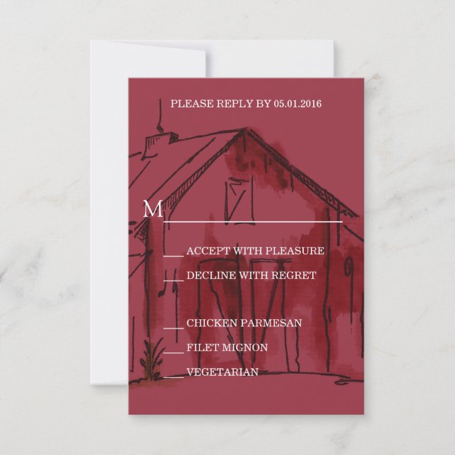 Rustikale Red Barn Wedding RSVP Antwortkarte (Vorderseite)