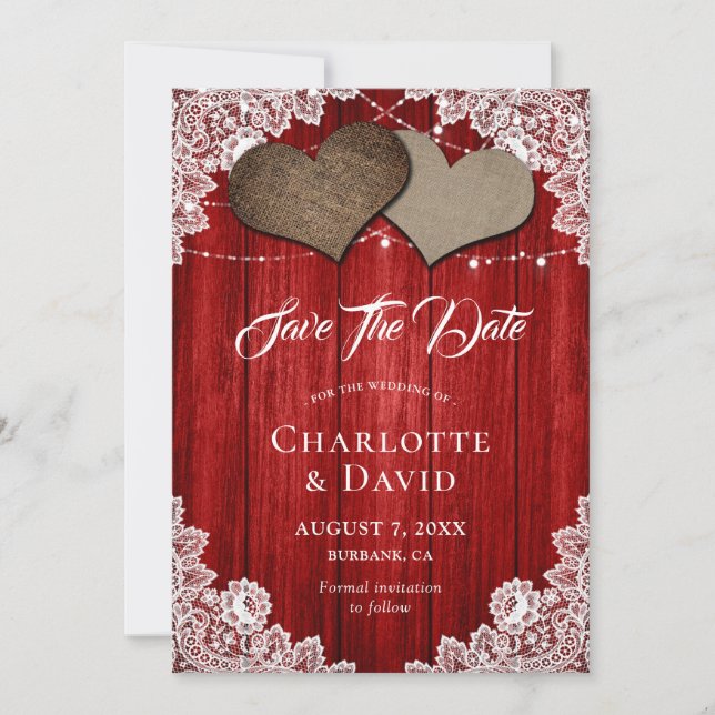 Rustikale Red Burlap Lace Wedding rettet die Date  Save The Date (Vorderseite)