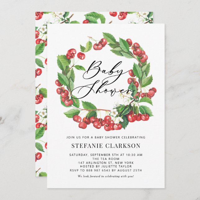 Rustikale Red Cherries Wreath Baby Dusche Einladung (Vorne/Hinten)