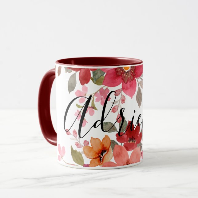 Rustikale Red Fall-Blume Aquarellfarben Name Tasse (Vorderseite Links)