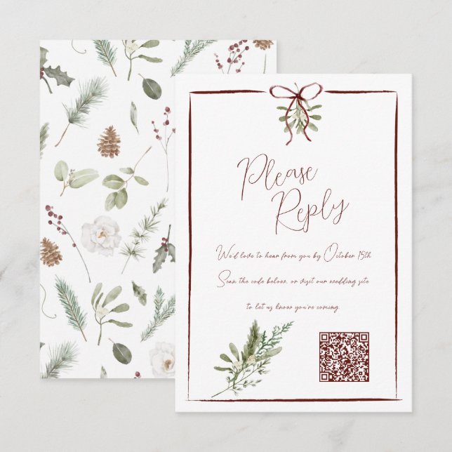 Rustikale Red Hand Letted Winter Wedding QR UAWG RSVP Karte (Vorne/Hinten)