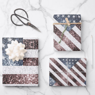 Rustikale Red White Blue Glitzern USA Flagge Geschenkpapier Set
