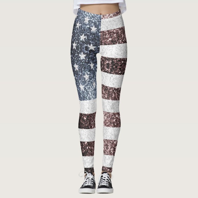 Rustikale Red White Blue Glitzern USA Flagge Leggings (Vorderseite)