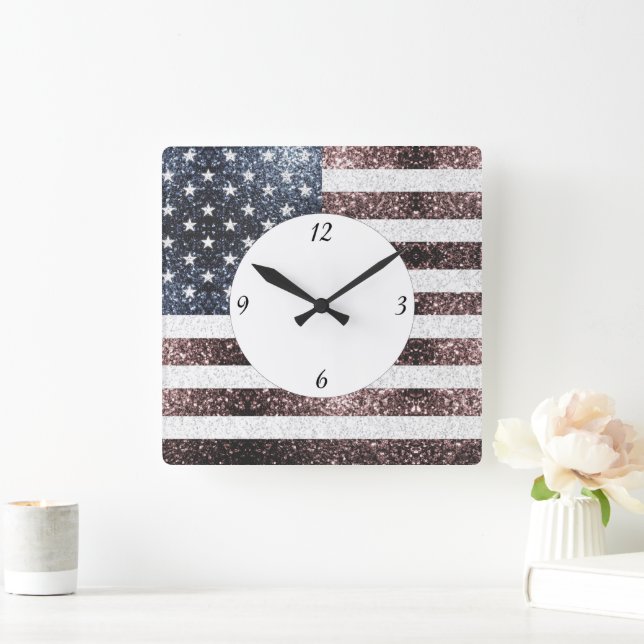 Rustikale Red White Blue Glitzern USA Flagge Quadratische Wanduhr (Zuhause)