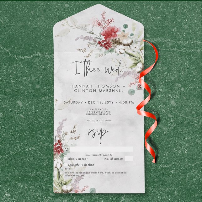 Rustikale Red Winter Berries & Boho Cotton No Dinn All In One Einladung (Rustic Red Winter Berries & Boho Cotton No Dinner All In One Invitation)