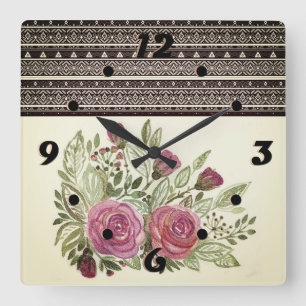Rustikale Retro-Beige-Sepia-Wasserfarben-Blumen ro Quadratische Wanduhr