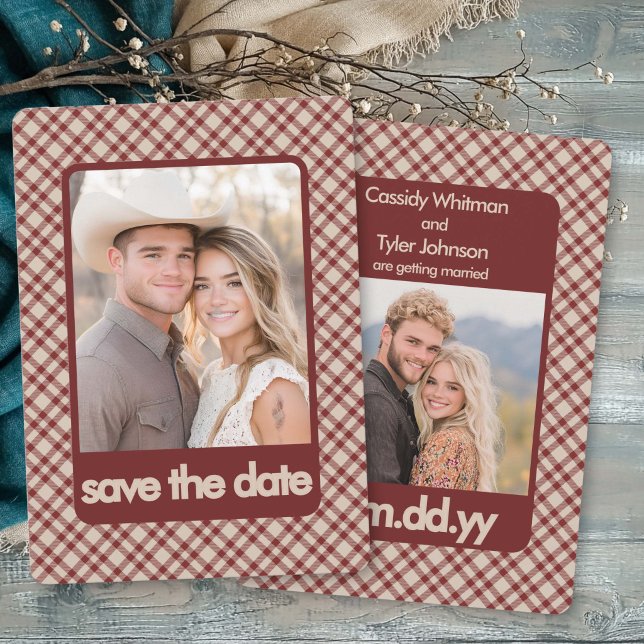 Rustikale Retro-Braun-Gingham-Western-Mehrfach-Fot Save The Date (Winter save the date with two photos, red-brown plaid and bold typography by Darling & May)