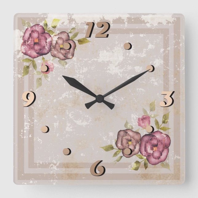Rustikale Retro-Grunge beige Textur Blume Rose tl Quadratische Wanduhr (Vorderseite)
