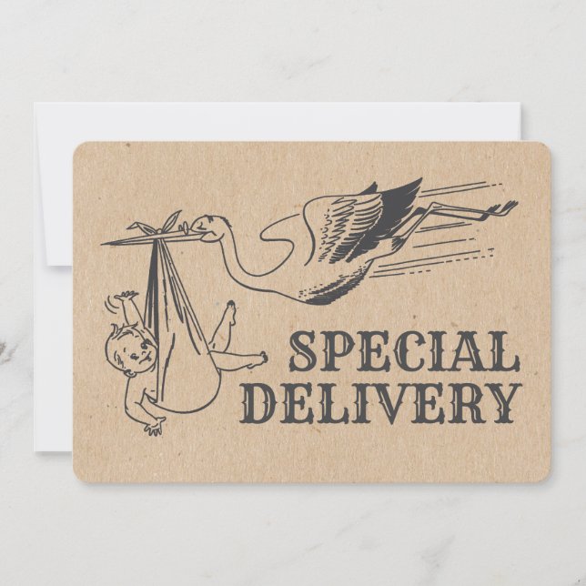 Rustikale Retro Style Stork Baby Dusche Einladung (Vorderseite)
