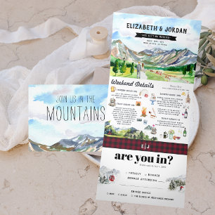 Rustikale Rocky Mountains   Illustrierte Hochzeit Dreifach Gefaltete Einladung