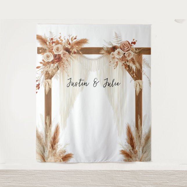 Rustikale Romance Pampas Arch - Hochzeitsvorhang Wandteppich (Vorderseite)