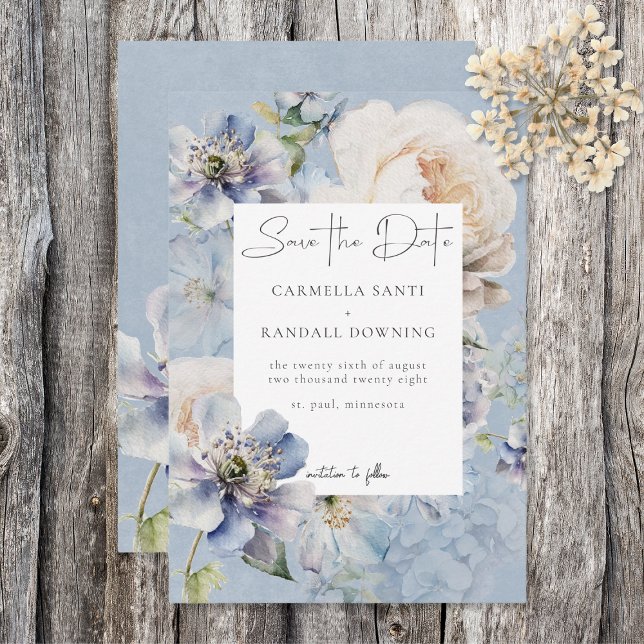Rustikale Romantik Dusty Blue & White Floral Save The Date (Von Creator hochgeladen)
