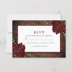 Rustikale romantische Burgunder Rose Hochzeit RSVP Karte