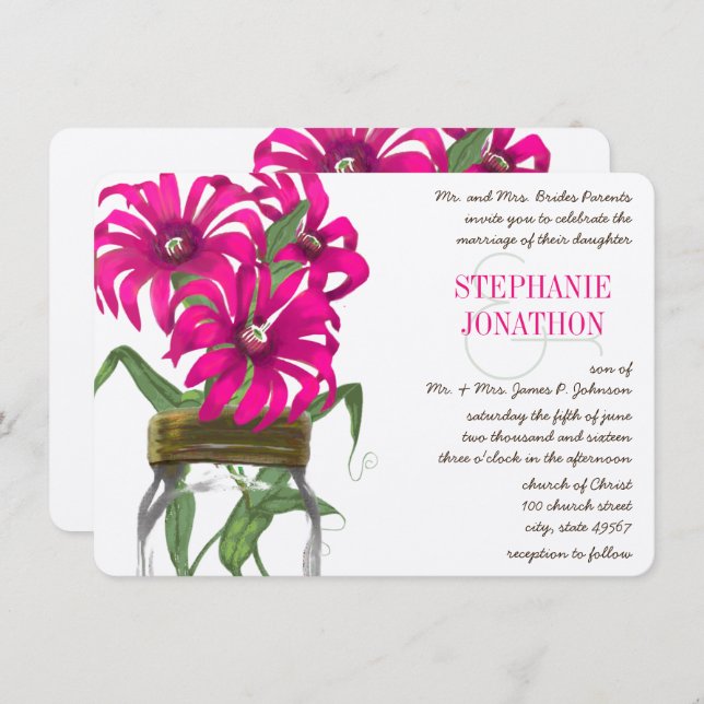 Rustikale Romantische Pink Mason Jar Wild Blume Ho Einladung (Vorne/Hinten)