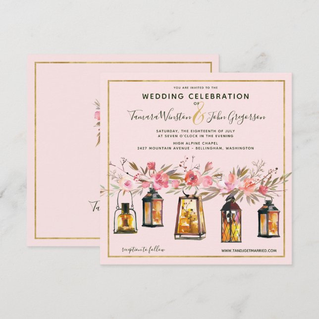 Rustikale romantische Rose Gold Lanterns Blumenhoc Einladung (Vorne/Hinten)