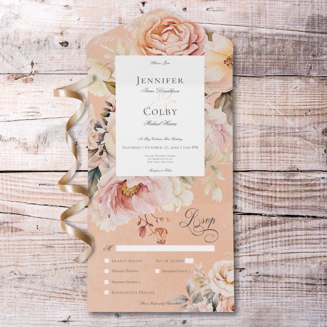 Rustikale Romantische Rose Rosa und Rosa Pfirsiche All In One Einladung (Rustic Romantic Pink & Blush Roses Peach Dinner All In One Invitation)