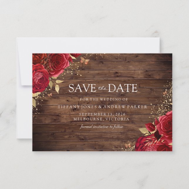 Rustikale romantische Rote Rosen Hochzeit mit Gold Save The Date (Vorderseite)