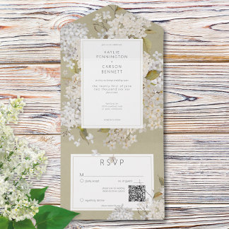 Rustikale romantische weiße Lilacs auf Sage QR Cod All In One Einladung