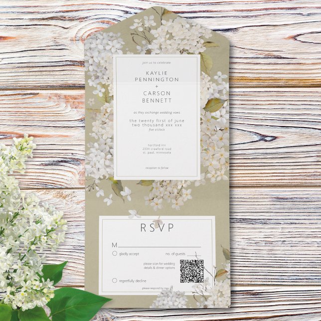 Rustikale romantische weiße Lilacs auf Sage QR Cod All In One Einladung (Rustic Romantic White Lilacs on Sage QR Code All In One Invitation)