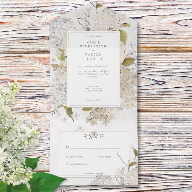 Rustikale romantische weiße Lilacs auf Weiß ohne A All In One Einladung (Rustic Romantic White Lilacs on White No Dinner All In One Invitation)