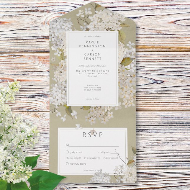 Rustikale romantische weiße Lilacs zum Abendessen All In One Einladung (Rustic Romantic White Lilacs on Sage Dinner All In One Invitation)
