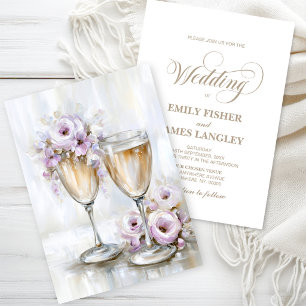 Rustikale rosa Blumen Champagner Gläser Hochzeit Einladung