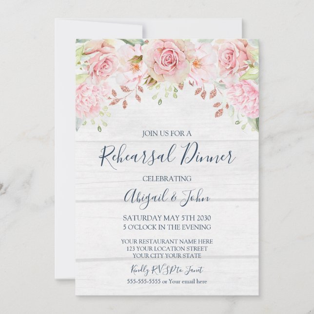 Rustikale rosa Blumen Hochzeitsprobe-Dinner Einladung (Vorderseite)
