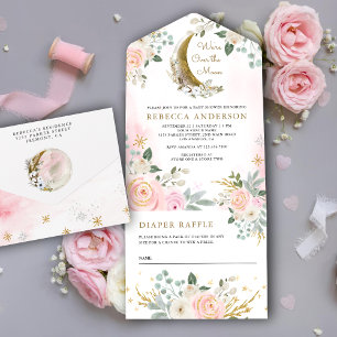 Rustikale Rosa Blumen Mond Baby Shower mit Gold All In One Einladung
