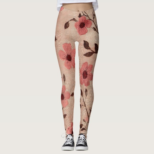 Rustikale Rosa Blumenleinwand-Muster (4) Leggings (Vorderseite)