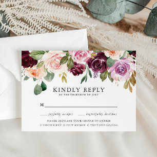Rustikale rosa-bordeaux und violette Menüwahl RSVP Karte