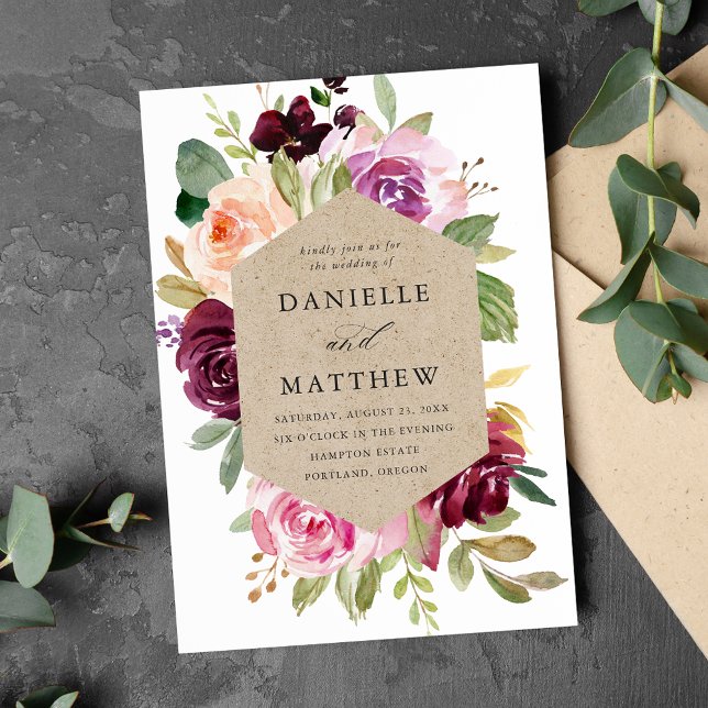 Rustikale rosa Burgund und Lila Blumenhochzeit Einladung (Von Creator hochgeladen)