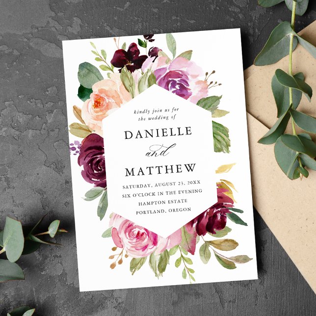 Rustikale rosa Burgund und Lila Blumenhochzeit Einladung (Von Creator hochgeladen)