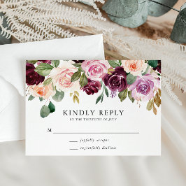 Rustikale rosa Burgund und Lila Blumenhochzeit RSVP Karte