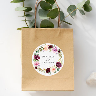 Rustikale rosa Burgund und Lila Blumenhochzeit Runder Aufkleber