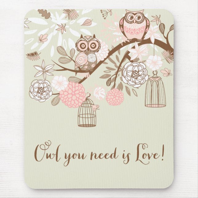 Rustikale rosa Eulen und Birdcages Mousepad (Vorne)