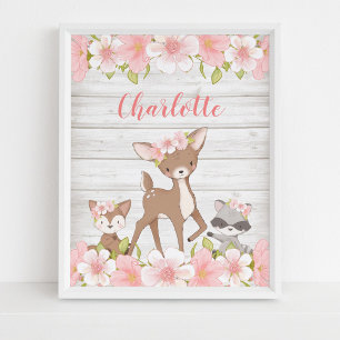 Rustikale rosa florale Waldtiere personalisiert Poster