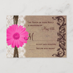 Rustikale rosa Gerbera-Marguerite-Spitze-Hochzeits RSVP Karte