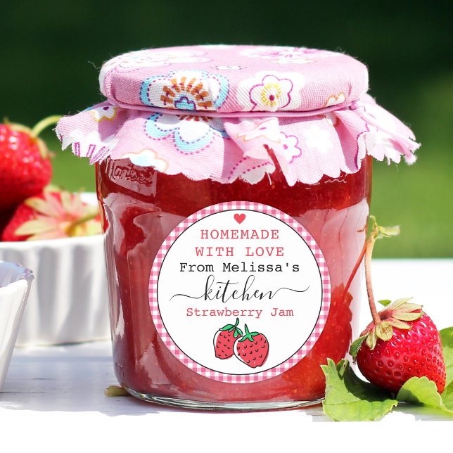 Rustikale rosa Gingham-Hausmarmelade aus Erdbeeren Runder Aufkleber (personalized strawberry jam jar label)